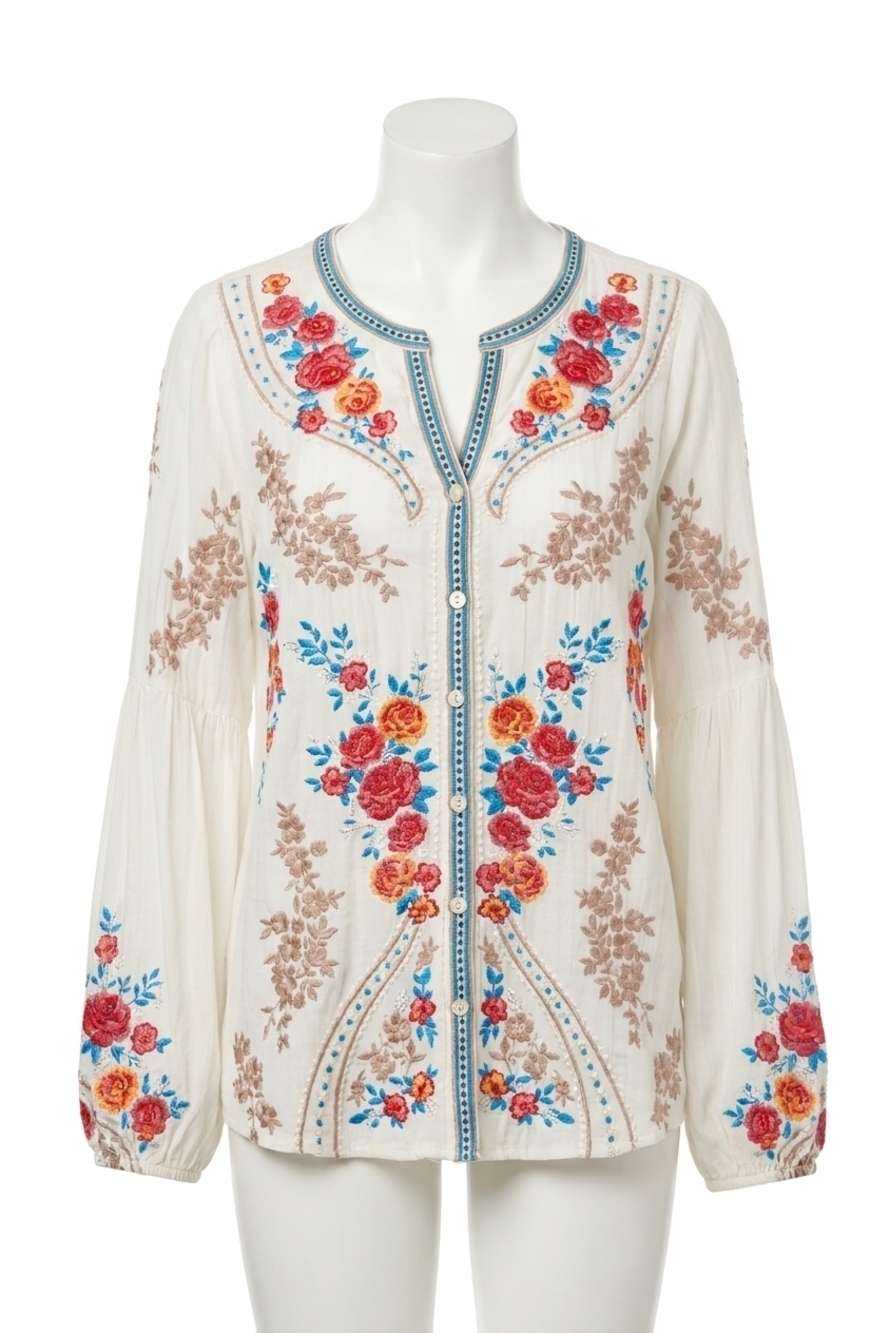 NEW ANDREE BY UNIT floral embroidered button down top in ivory